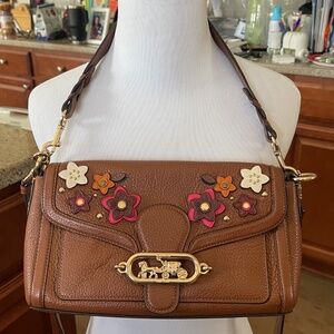 Coach D2092-1936 Brown Floral Appliqué Pebbled Leather Crossbody / Shoulder Bag